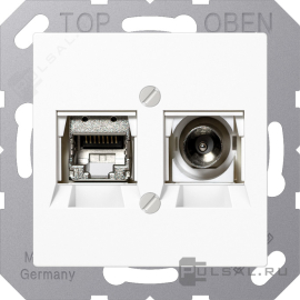 Розетка одиночная TV+RJ45
A VIVA,  A creation,  A 550,  A flow,  телевизионная (TV),  одинарная,   цвет - белый,  пластмасса,  MMDA4521WW,  JUNG
 - PULSAL.RU